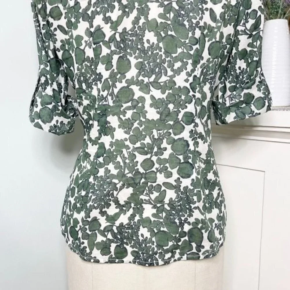 Tory Burch Issy Vine Leaf Print Button Down Shirt Utility Roll Tab 2 XS